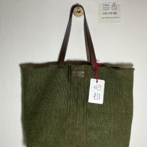 bolso lino kaki con bordados marrones