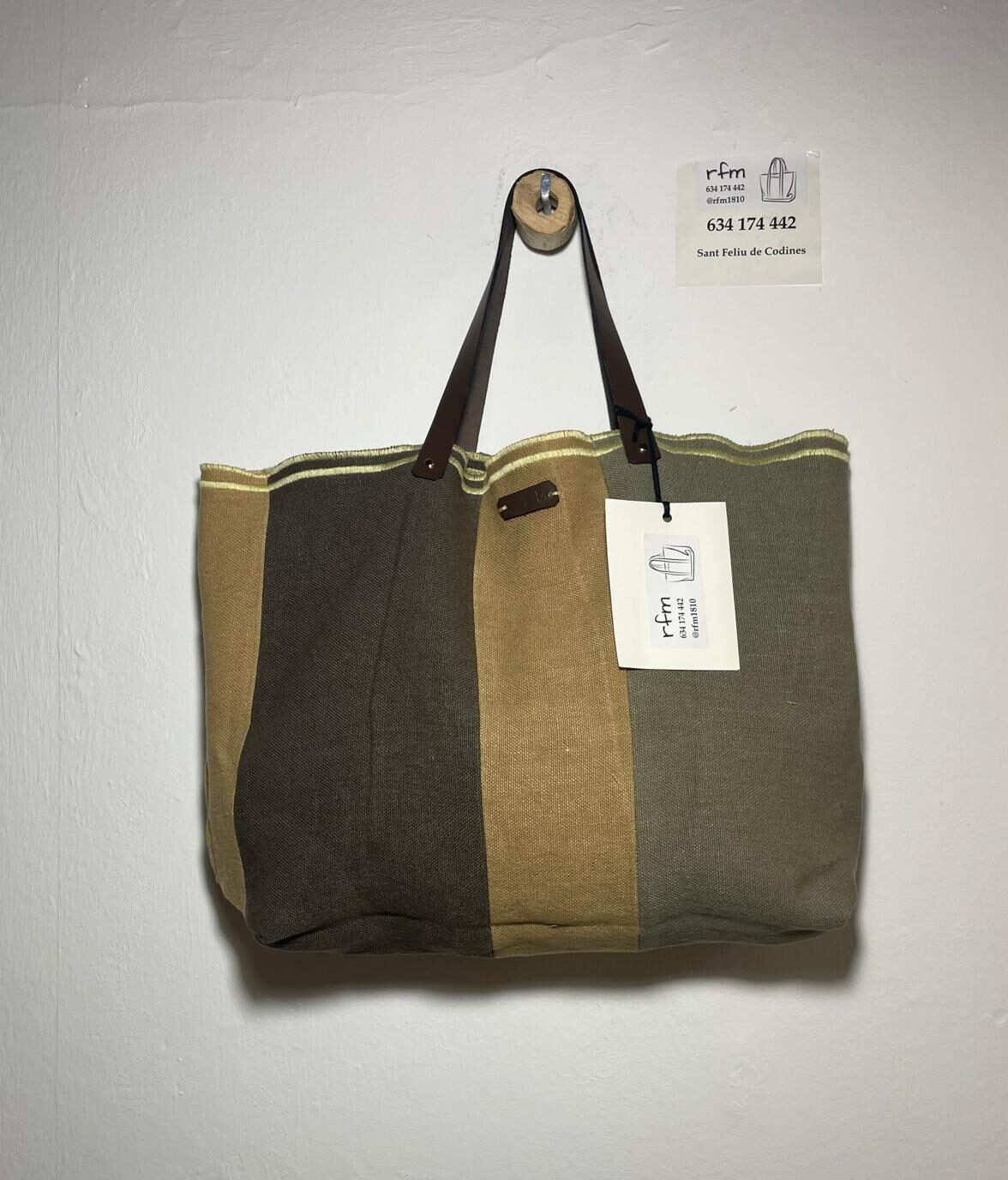 bolso lino combinado marrón beig y gris