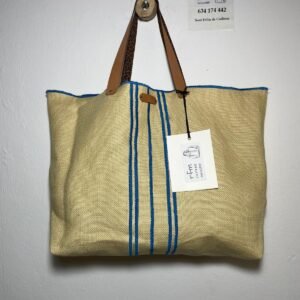 bolso lino beig con bordados azules