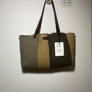 bolso lino combinado marrón beig y gris