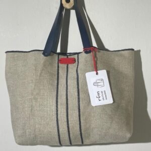 bolso lino beig con bordados azul marino