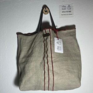 bolso lino beig con bordados burdeos