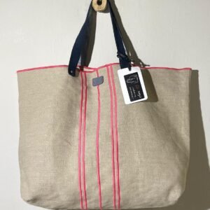 bolso lino beig bordados rosa