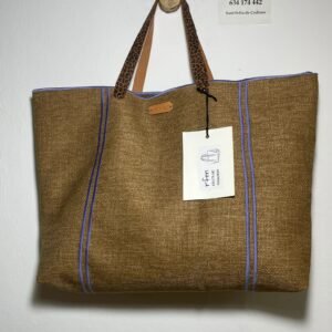 bolso lino beig con bordados lila