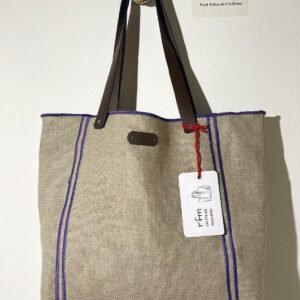 bolso lino beig con bordados azules