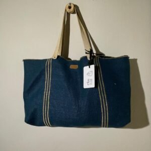 bolso lino azul con bordados marrón