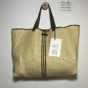 bolso lino beig con bordados marrones