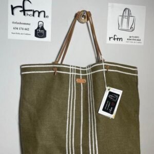 bolso lino kaki con bordados blancos