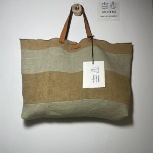 bolso lino combinado marrón y beig neceser a juego