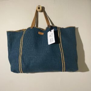 bolso lino azul con bordados marrón