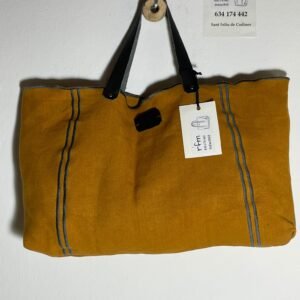 bolso lino mostaza con bordados gris